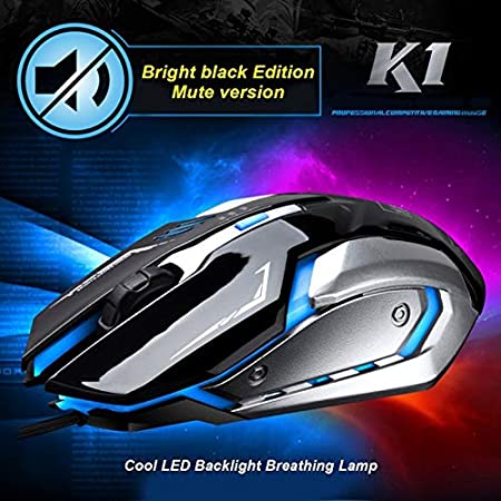 Mouse K1 USB 1600DPI Three-speed Adjustable LED Backlight Mute Wired  Optical Gaming Mouse, Length: 1.3m(Black) Ergonomically designed. (Color :  Black)